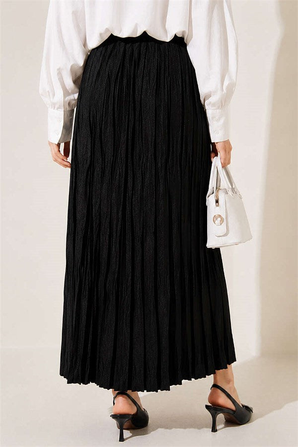 Black Skirt with Elastic Waist and Pleated Details