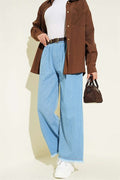Elastic Waist Fringed Hem Denim Jeans, Denim Blue