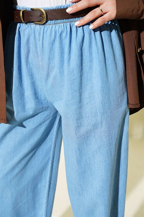 Elastic Waist Fringed Hem Denim Jeans, Denim Blue