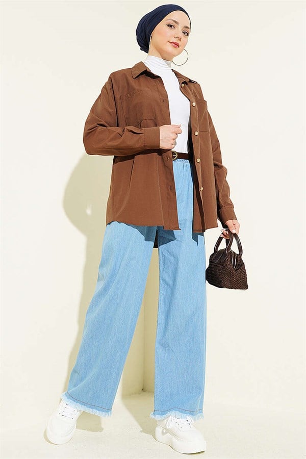 Elastic Waist Fringed Hem Denim Jeans, Denim Blue