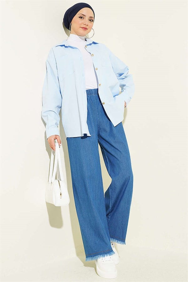 Elastic Waist Fringed Hem Jeans Denim