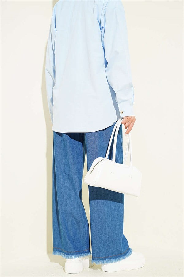 Elastic Waist Fringed Hem Jeans Denim