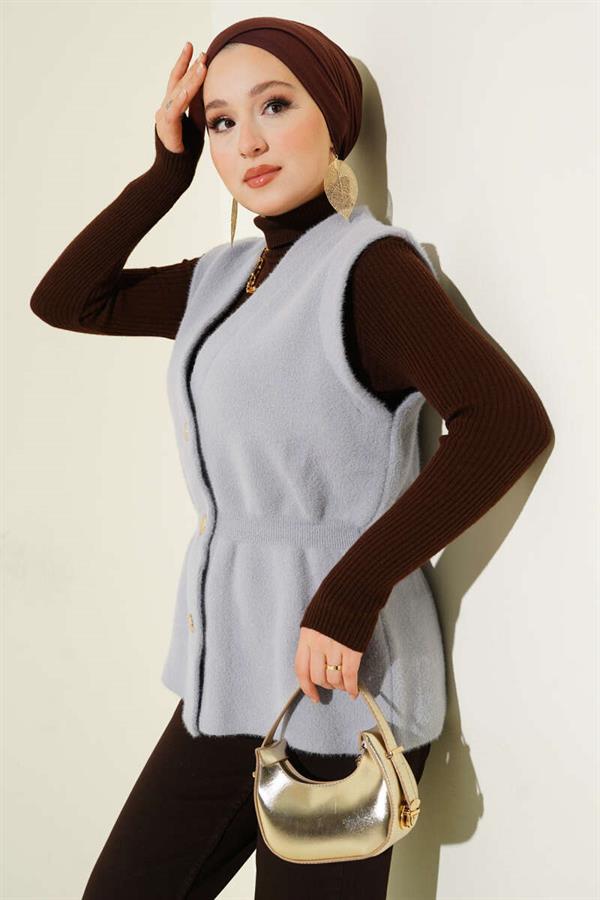 Elastic Waistband Bearded Knit Vest Gray