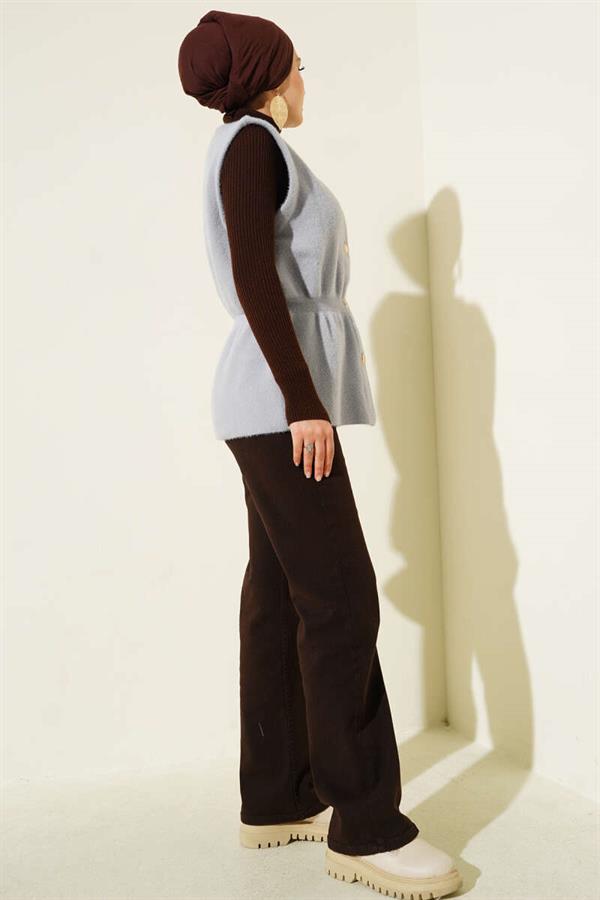 Elastic Waistband Bearded Knit Vest Gray
