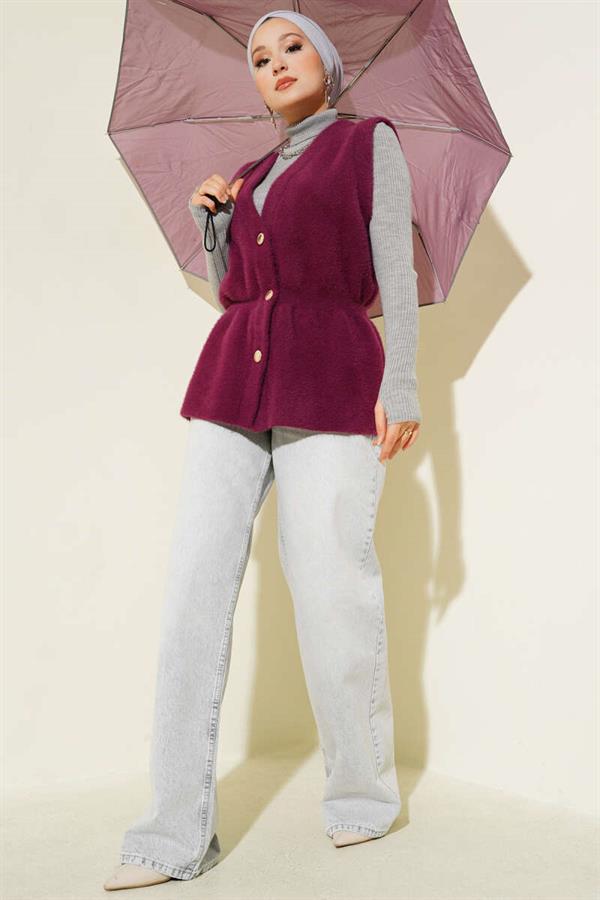 Elastic Waistband Bearded Knit Vest Plum