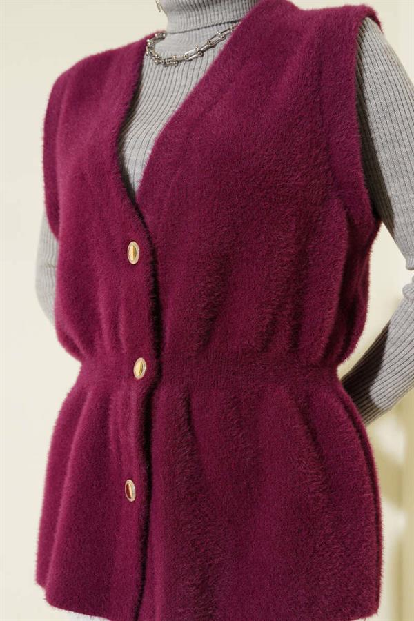 Elastic Waistband Bearded Knit Vest Plum