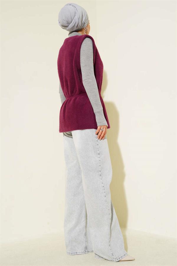 Elastic Waistband Bearded Knit Vest Plum
