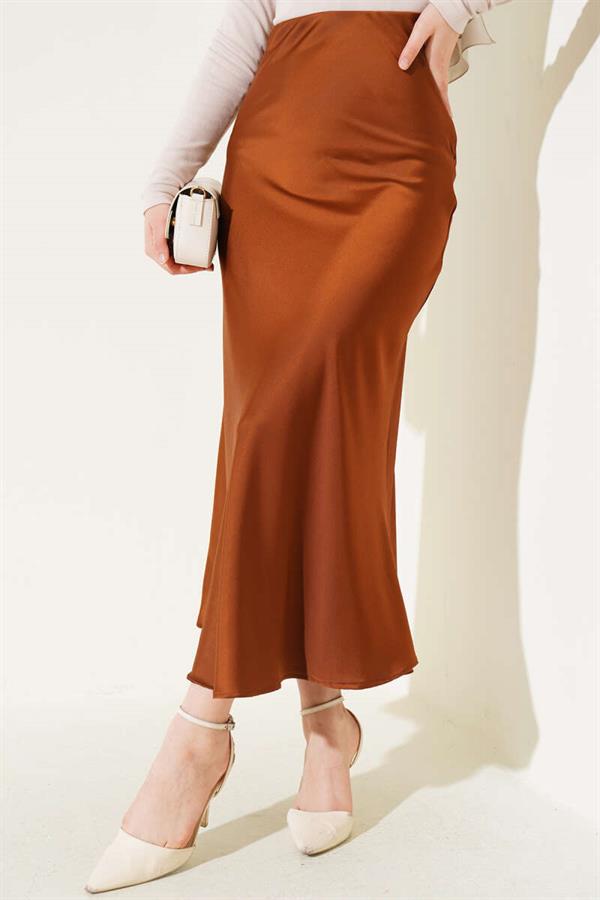 Elastic Waist Satin Skirt Brown