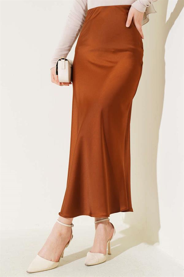 Elastic Waist Satin Skirt Brown