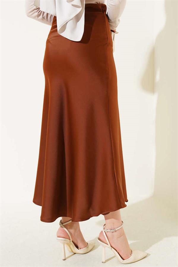 Elastic Waist Satin Skirt Brown