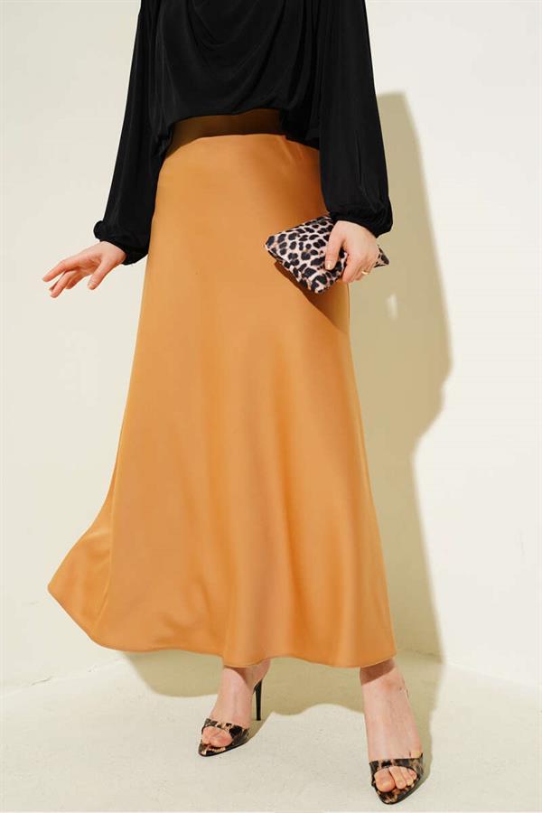 Elastic Waist Satin Flared Skirt Camel