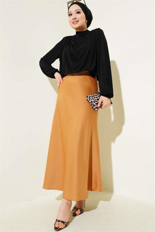 Elastic Waist Satin Flared Skirt Camel