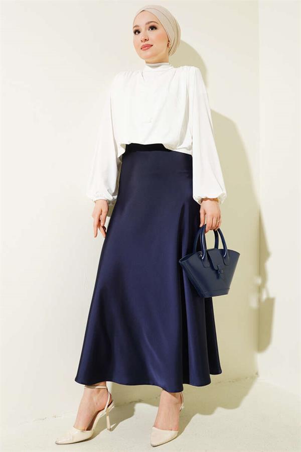 Elastic Waist Satin Flared Skirt Navy Blue