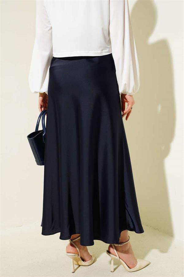 Elastic Waist Satin Flared Skirt Navy Blue