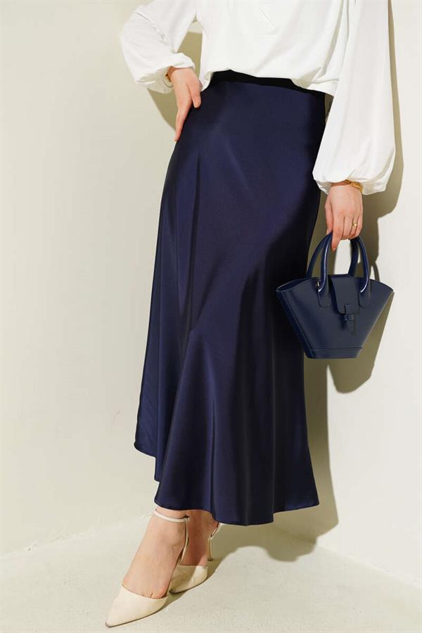 Elastic Waist Satin Flared Skirt Navy Blue