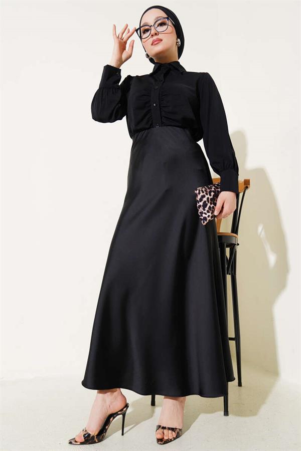 Elastic Waist Satin Flared Skirt Black