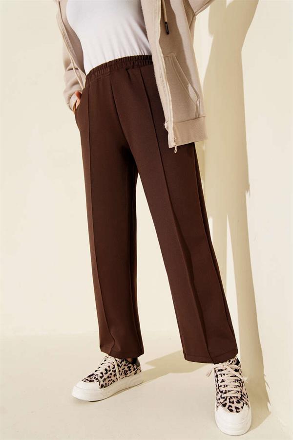 Scuba Pants with Elastic Waistband and Pockets, Brown
