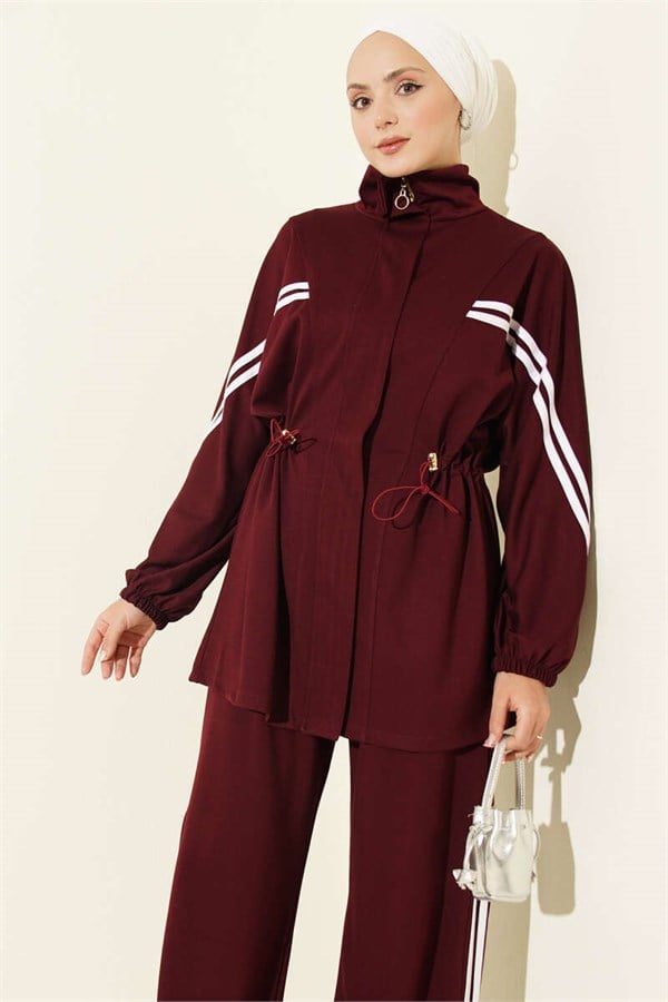 2 Piece Set with Elastic Waistband and Stripe Detail, Burgundy
