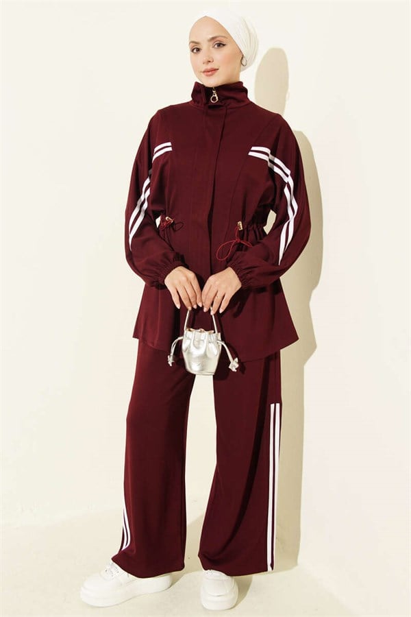 2 Piece Set with Elastic Waistband and Stripe Detail, Burgundy