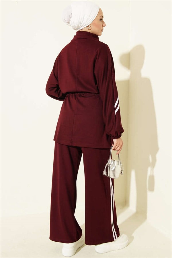 2 Piece Set with Elastic Waistband and Stripe Detail, Burgundy