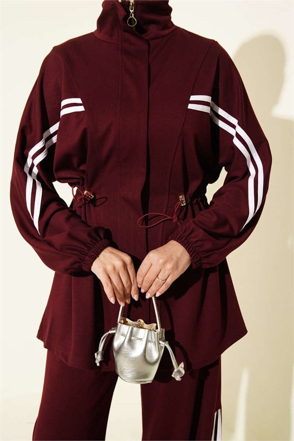 2 Piece Set with Elastic Waistband and Stripe Detail, Burgundy