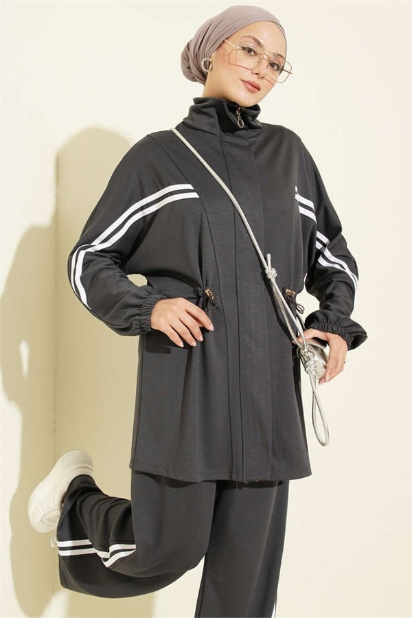 2 Piece Set with Elastic Waistband and Stripe Detail, Smoke Grey