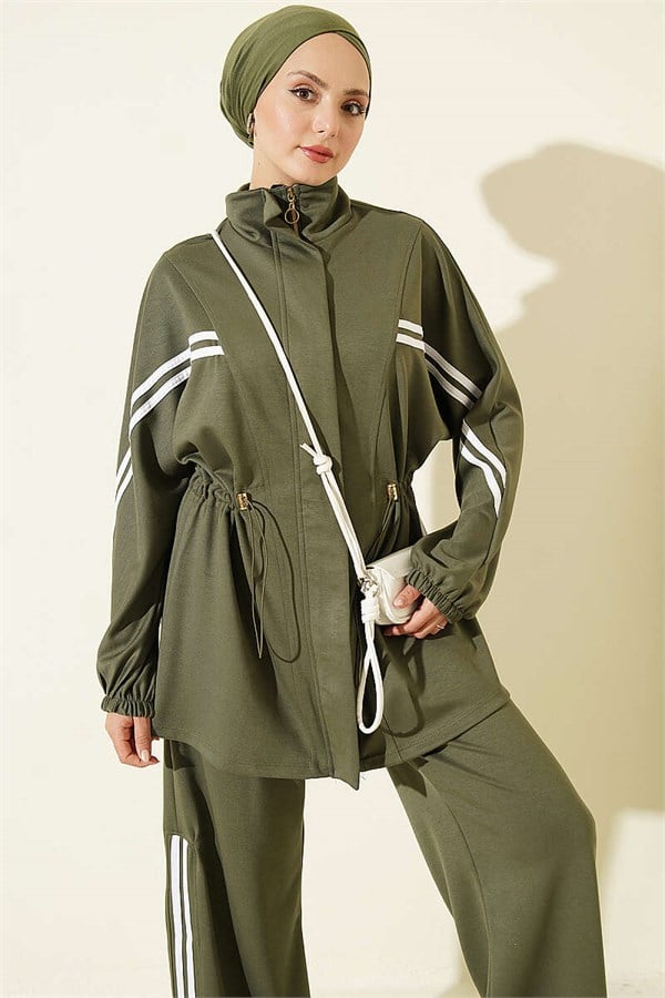 2 Piece Set with Elastic Waistband and Stripe Detail, Khaki