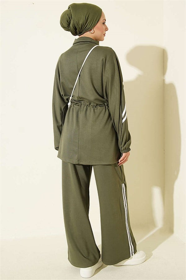 2 Piece Set with Elastic Waistband and Stripe Detail, Khaki