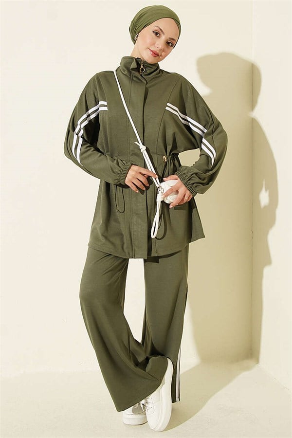 2 Piece Set with Elastic Waistband and Stripe Detail, Khaki