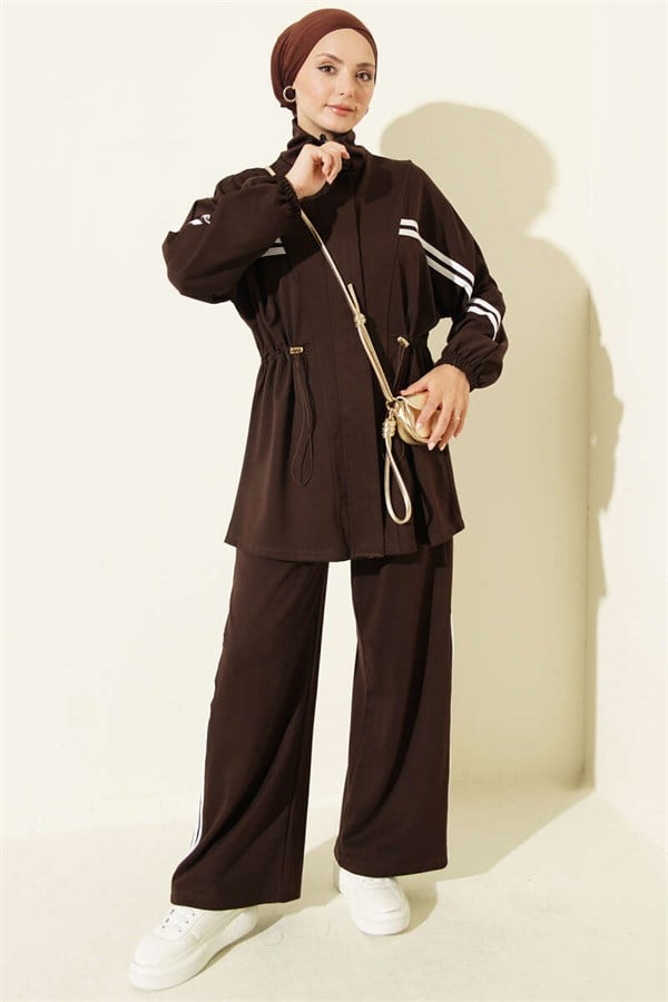 2 Piece Set with Elastic Waistband and Stripe Detail, Coffee Brown