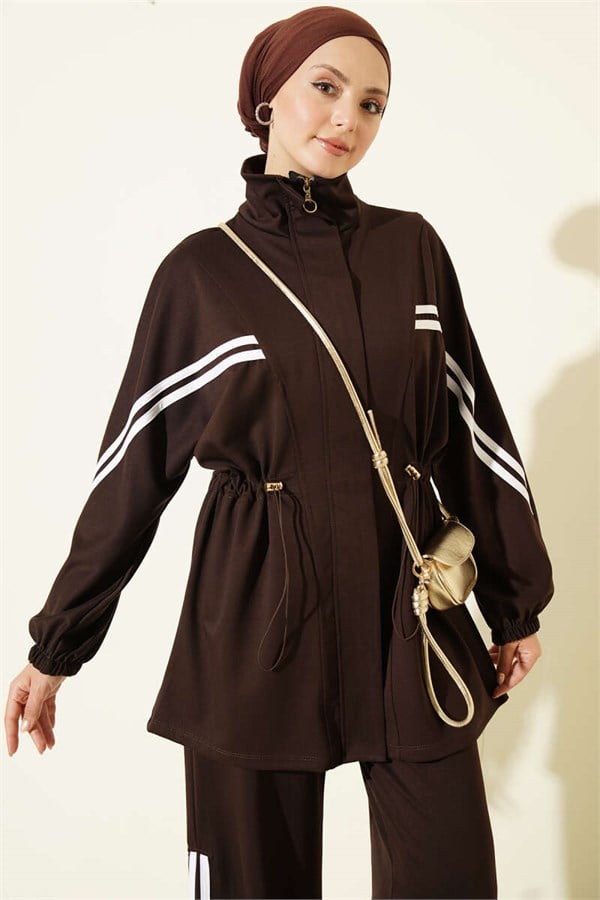 2 Piece Set with Elastic Waistband and Stripe Detail, Coffee Brown