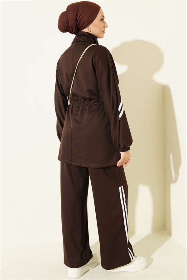 2 Piece Set with Elastic Waistband and Stripe Detail, Coffee Brown