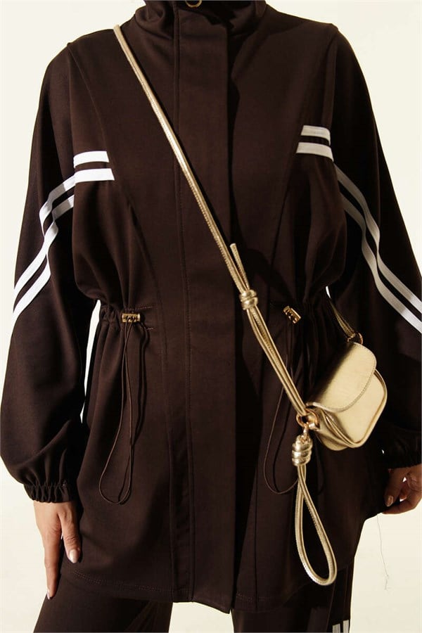 2 Piece Set with Elastic Waistband and Stripe Detail, Coffee Brown