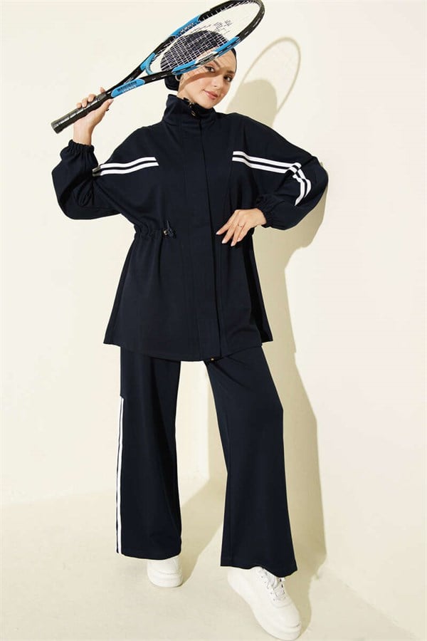 2 Piece Set with Elastic Waistband and Stripe Detail, Navy Blue