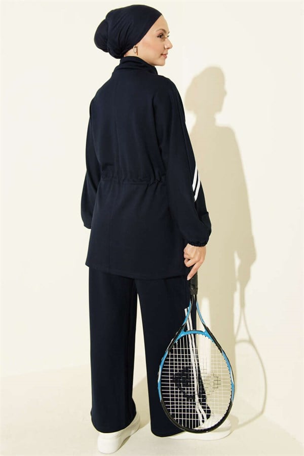 2 Piece Set with Elastic Waistband and Stripe Detail, Navy Blue