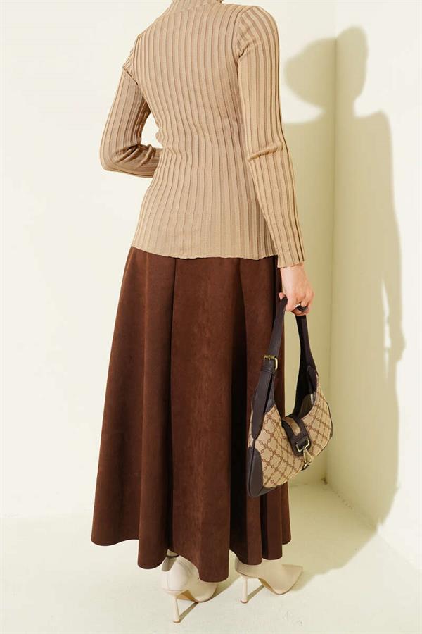 Suede Skirt with Elastic Waistband, Brown