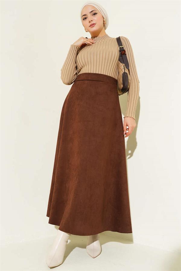 Suede Skirt with Elastic Waistband, Brown