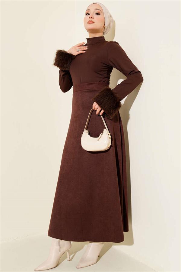 Elastic Waist Suede Flared Skirt Bitter Brown