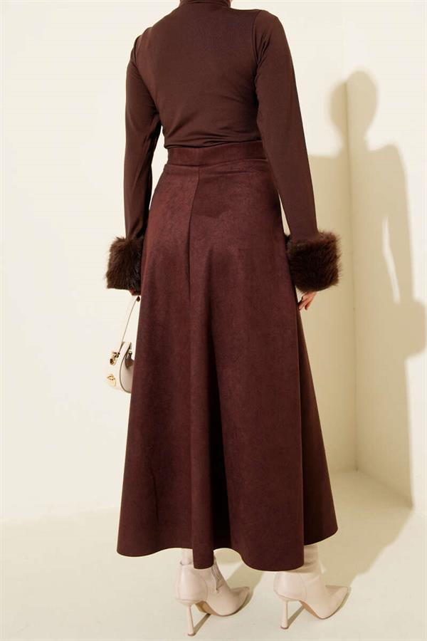 Elastic Waist Suede Flared Skirt Bitter Brown