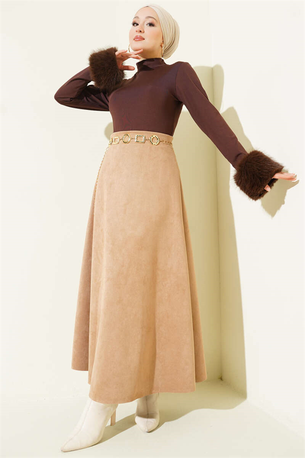 Suede Flared Skirt with Elastic Waistband, Camel