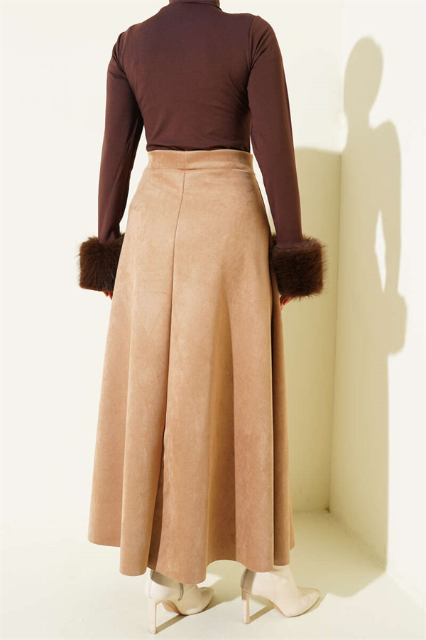 Suede Flared Skirt with Elastic Waistband, Camel