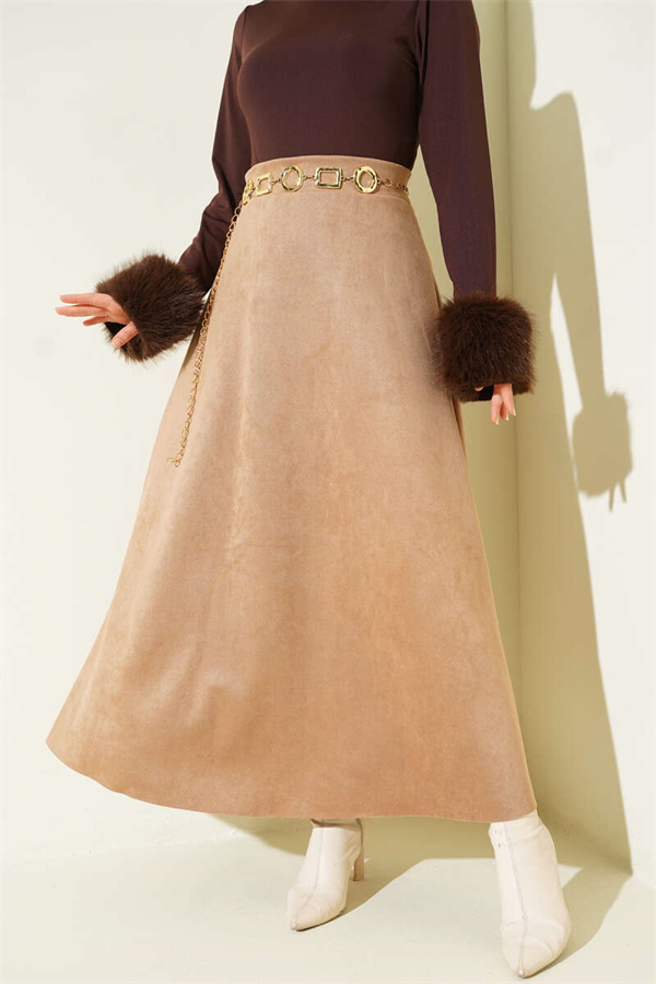 Suede Flared Skirt with Elastic Waistband, Camel