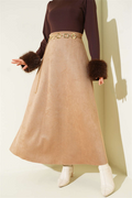 Suede Flared Skirt with Elastic Waistband, Camel