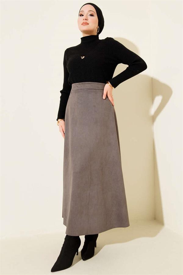 Elastic Waist Suede Flared Skirt in Smoke