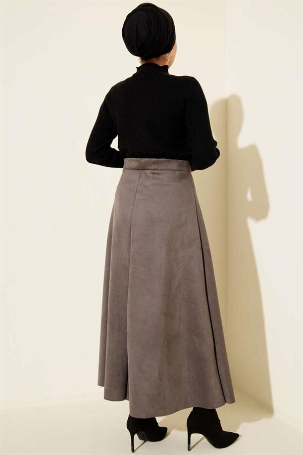 Elastic Waist Suede Flared Skirt in Smoke