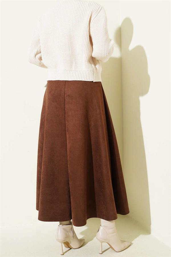 Suede Flared Skirt with Elastic Waistband, Chestnut