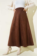 Suede Flared Skirt with Elastic Waistband, Chestnut