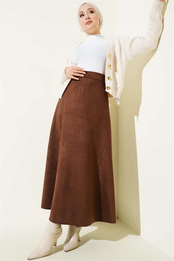 Suede Flared Skirt with Elastic Waistband, Chestnut