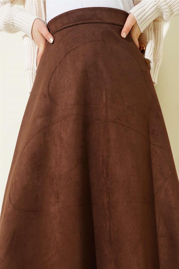 Suede Flared Skirt with Elastic Waistband, Chestnut