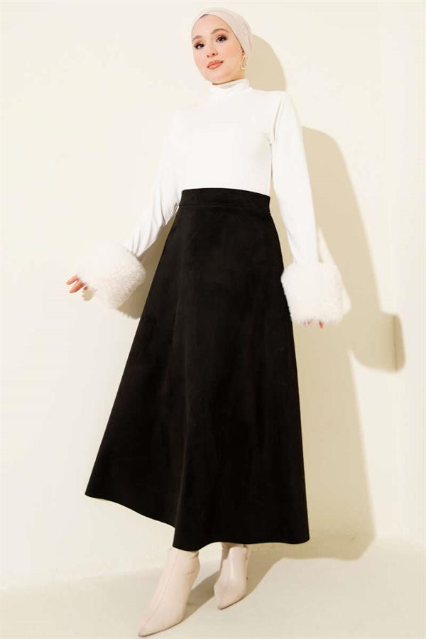 Elastic Waist Suede Flared Skirt Black